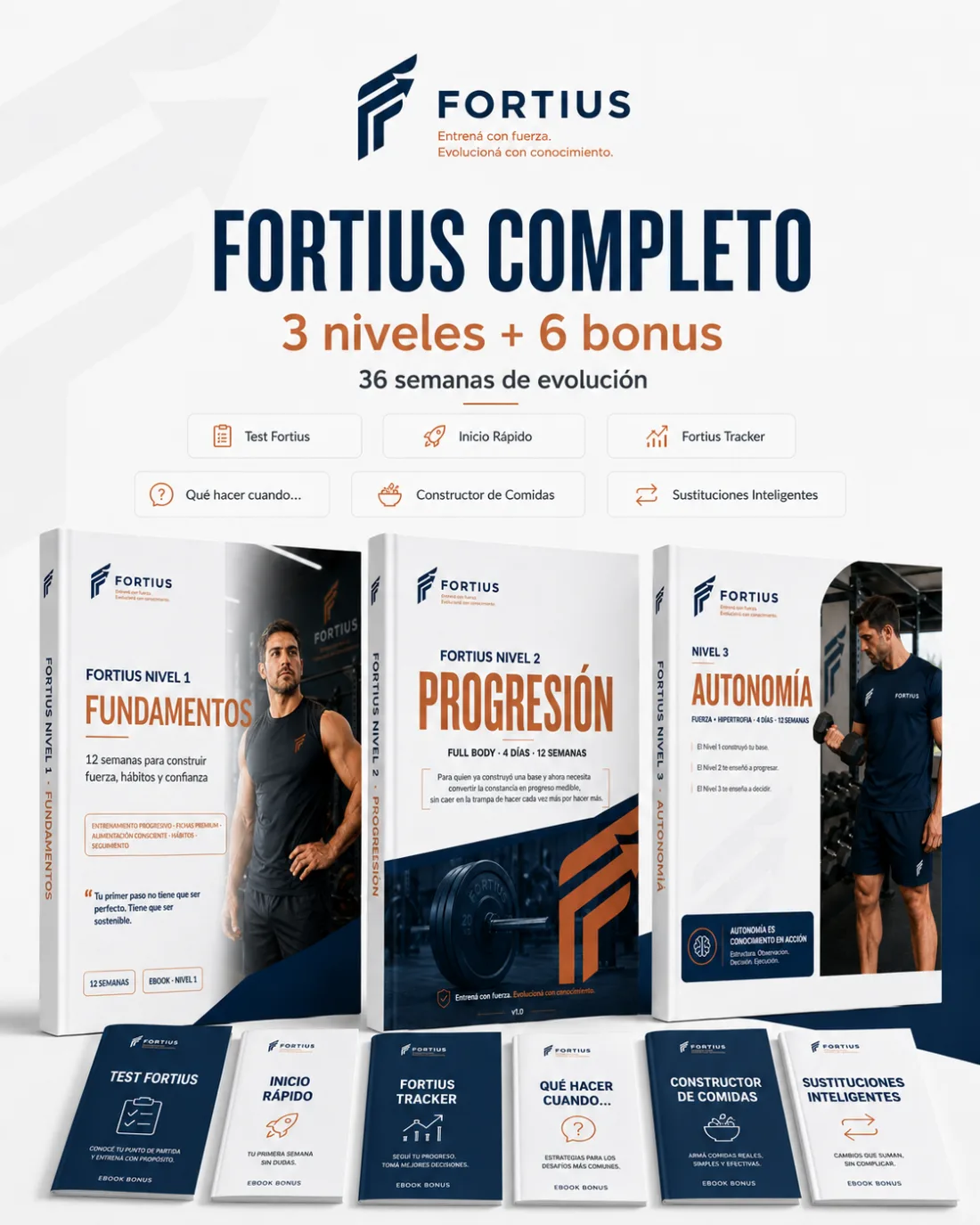 Fortius Completo: los tres ebooks Nivel 1 Fundamentos, Nivel 2 Progresión y Nivel 3 Autonomía, junto a los seis bonus