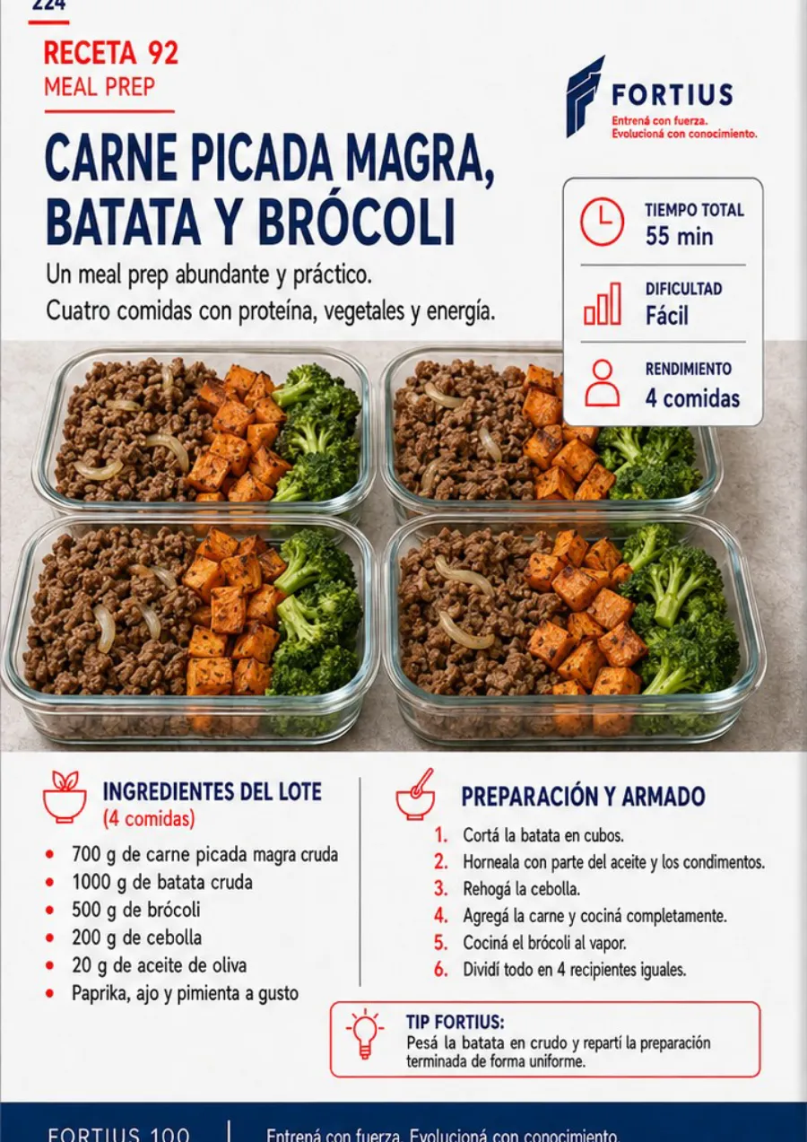 Receta 92 de meal prep, carne picada magra, batata y brócoli para cuatro comidas